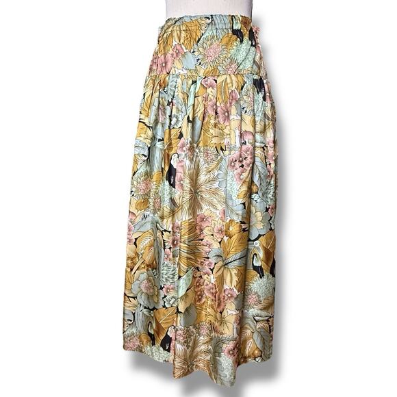 VTG Royal Silk Tropical Forest Toucan Birds Pastel Drawstring Maxi Skirt Medium - Picture 5 of 14